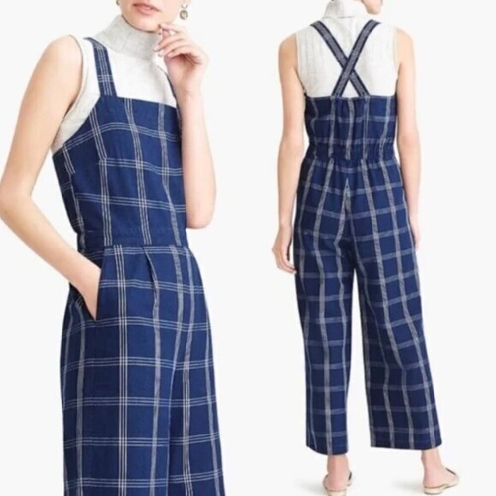 J. Crew Blue Plaid Sleeveless Jumpsuit